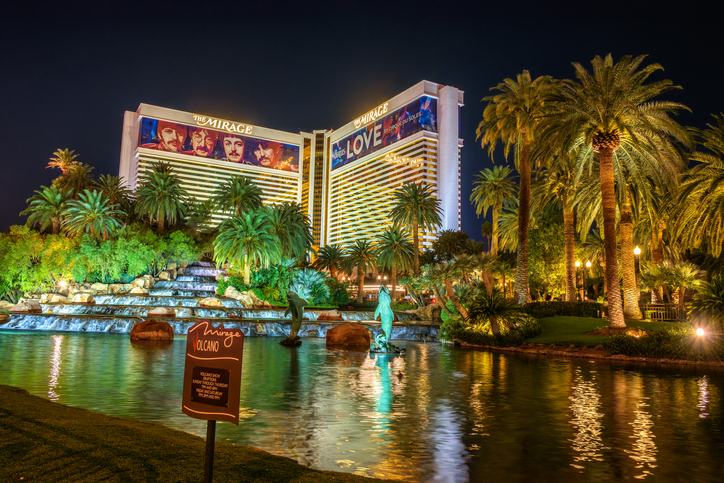 Las Vegas, Nevada, USA - December 29, 2017 : The Mirage hotel at night.  It is a famous polynesian-themed resort and casino resort in Las Vegas.